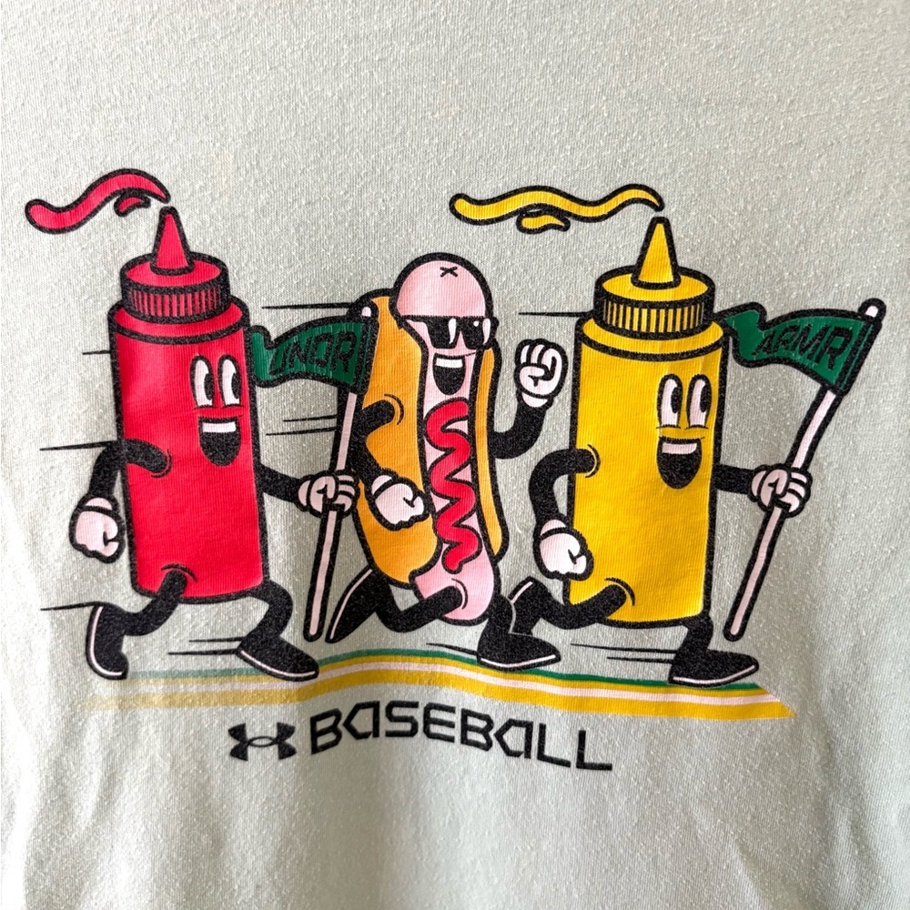 Under Armour Youth Baseball Tee | Hot Dog & Condiments Graphic Shirt | Size YLG - Picture 2 of 5